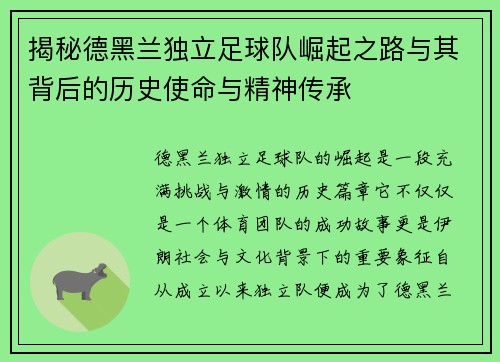 揭秘德黑兰独立足球队崛起之路与其背后的历史使命与精神传承